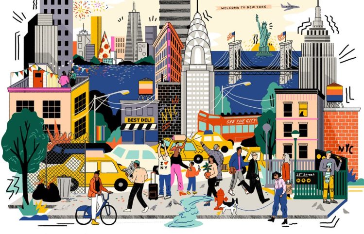 Abbey Lossing's vibrant illustration depicting a bustling cityscape with playful energy and intricate patterns, capturing the essence of modern life.