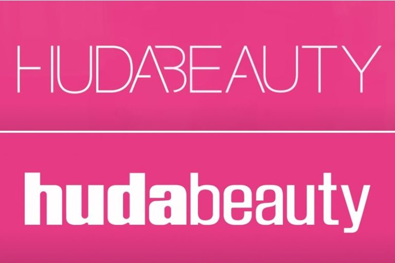 Huda Beauty's new logo and packaging featuring a sleek, modern design that reflects the brand's rebranding effort.