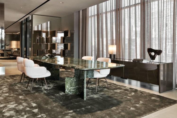 Interior shot of Minotti Dubai showroom featuring high ceilings, natural light, and signature pieces from the 2024 Collection.