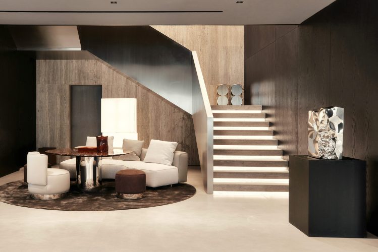 Interior shot of Minotti Dubai showroom featuring high ceilings, natural light, and signature pieces from the 2024 Collection.