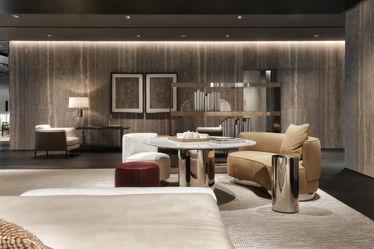 Interior shot of Minotti Dubai showroom featuring high ceilings, natural light, and signature pieces from the 2024 Collection.