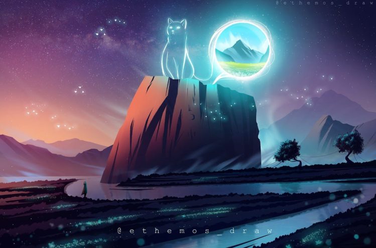 Illustration by Manon Auclair (ethemos) featuring a fantastical creature in a whimsical landscape, showcasing her unique style and magical storytelling.