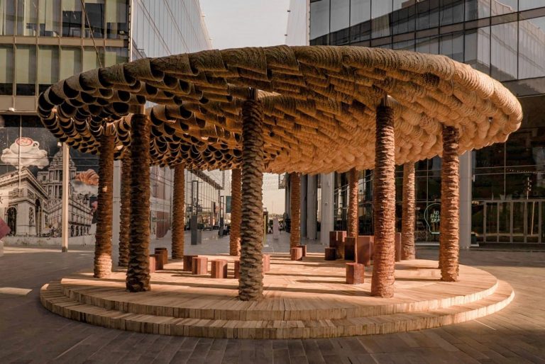 Visitors exploring installations at Dubai Design Week 2024 at d3, showcasing sustainable design and creative excellence.